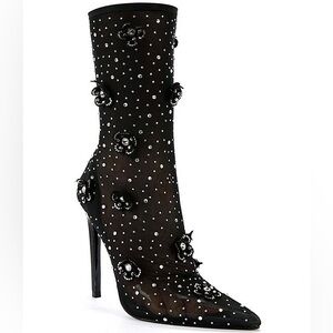 Azalea Wang Smarlowe Floral Appliqued Sheer Mesh Mid Calf Booties | Size 8